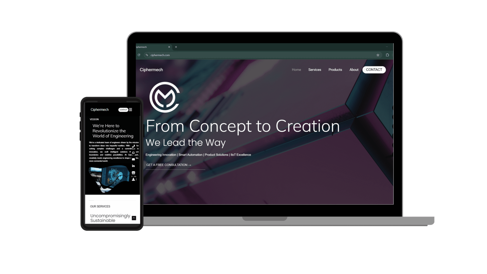 Website for an engineering and automation company, shown on a laptop and a phone