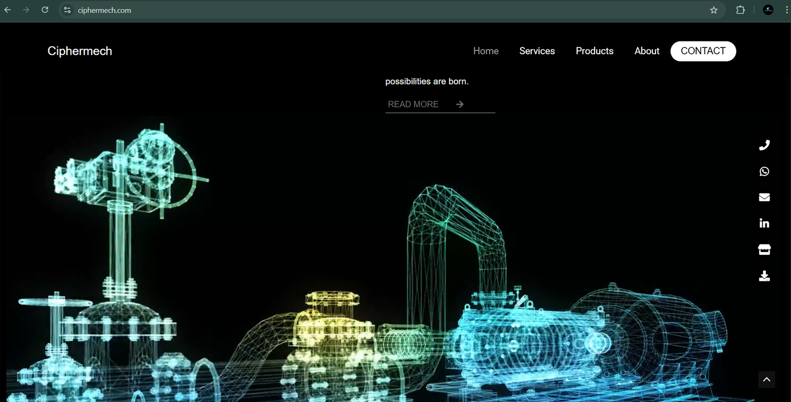 Home page of an engineering company website, with wire-frame machinery graphics