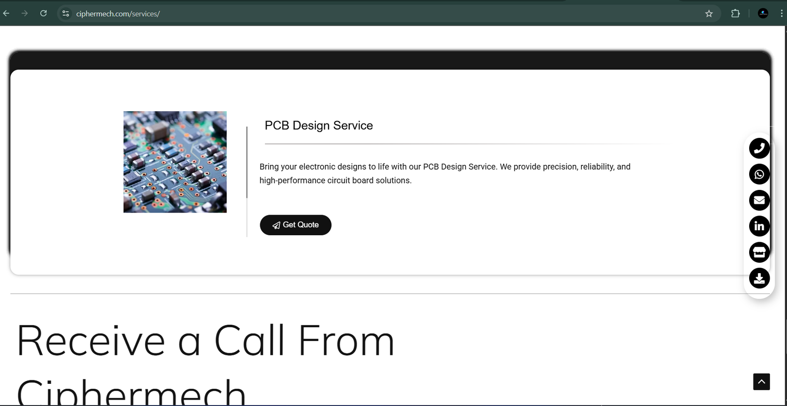 Services page of an engineering company website, showing a PCB design service