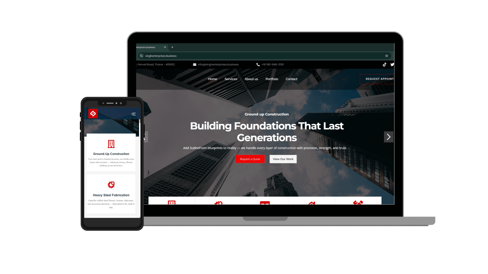Website for a construction and steel fabrication company, shown on a laptop and a phone