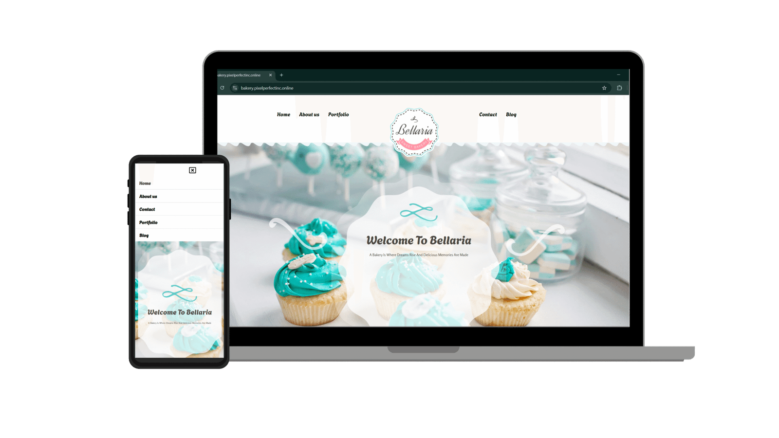 Website for a bakery, shown on a laptop and a phone