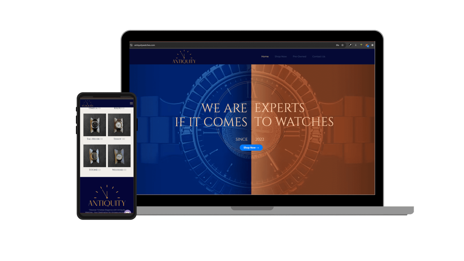 Website for a watch shop, shown on a laptop and a phone