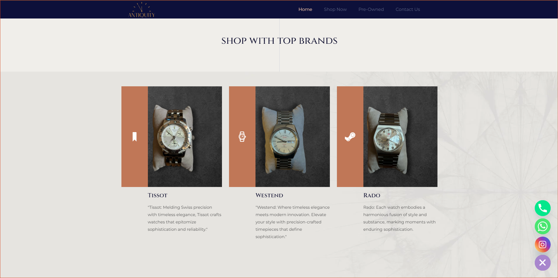 Brands page of a watch shop website, showing three watches
