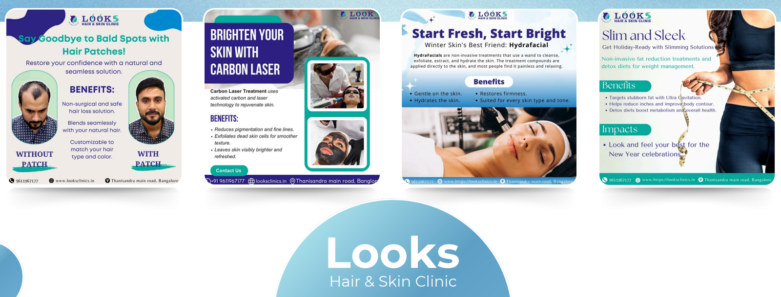 Four social media post designs for a hair and skin clinic