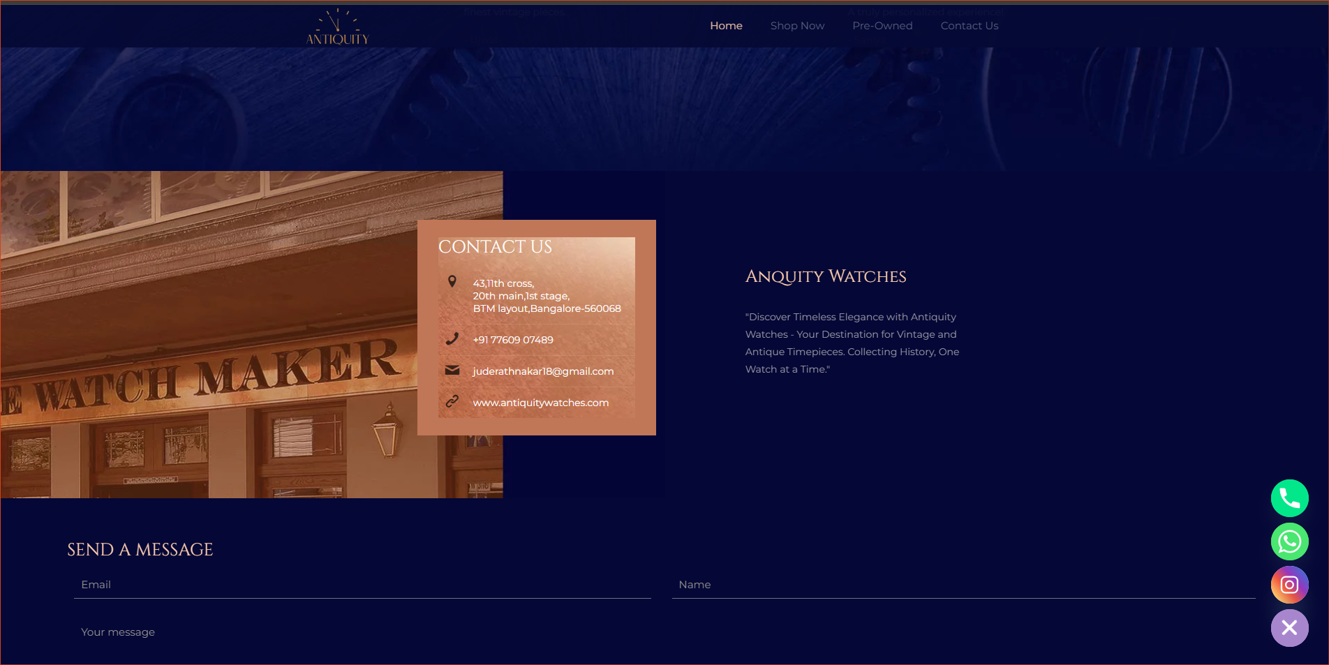 Contact page of a watch shop website
