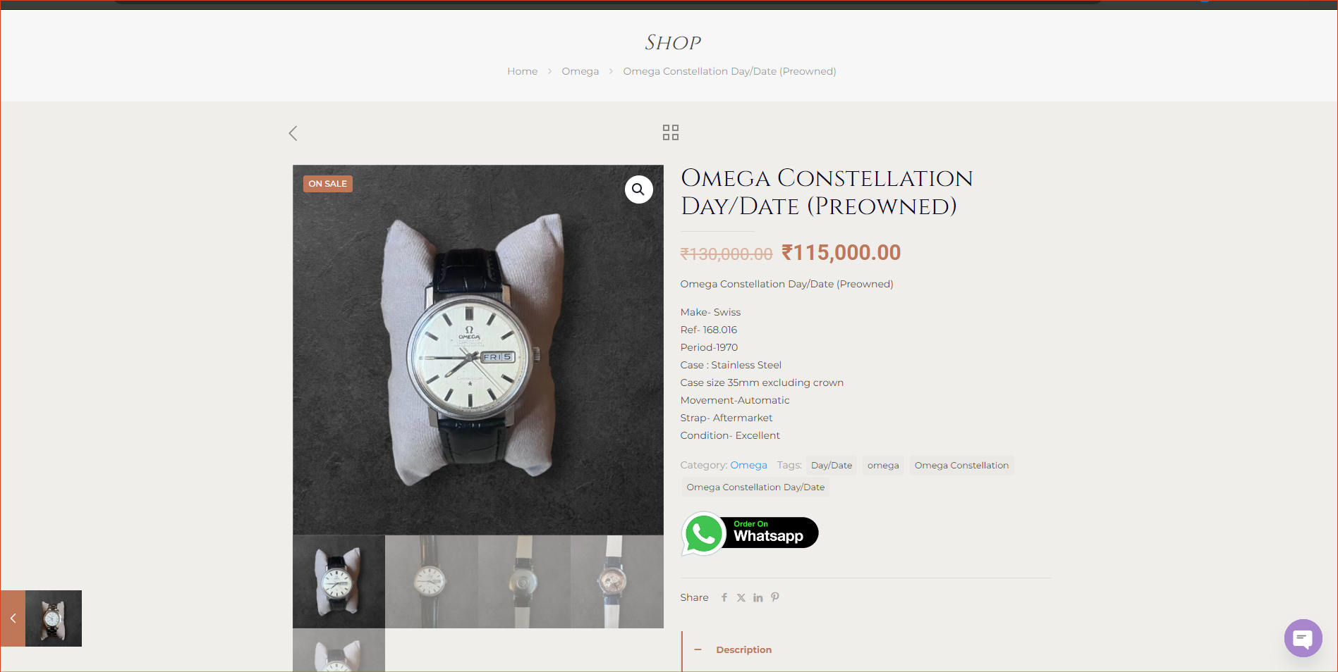 Product page of a watch shop website, showing an Omega watch and its price